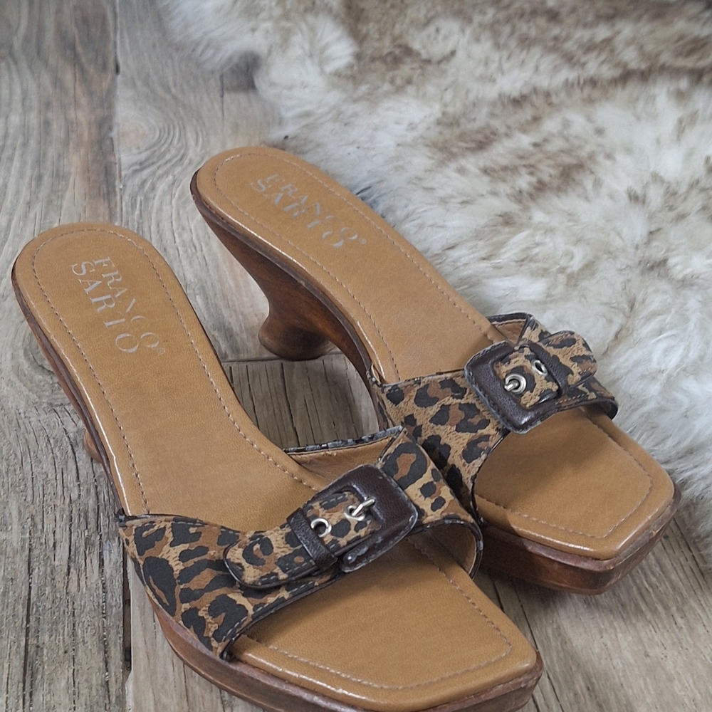 Franco Sarto Leopard Print Slide Sandals Wooden Heel Mules Size 8M - Picture 2 of 9